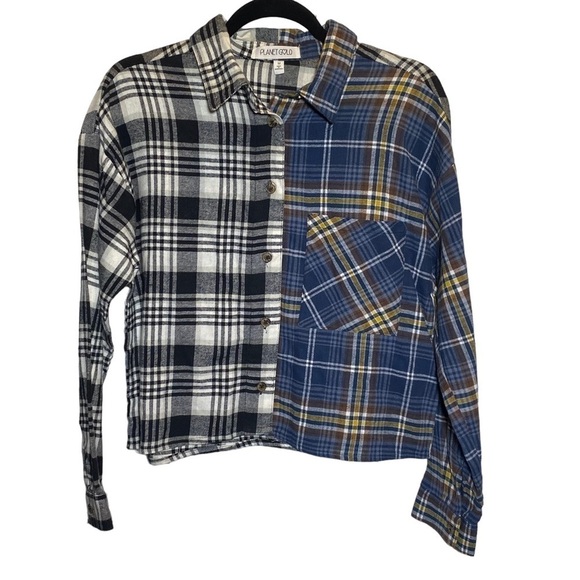 Planet Gold women's Medium mixed plaid cropped boxy flannel shirt long sleeve - Picture 4 of 6